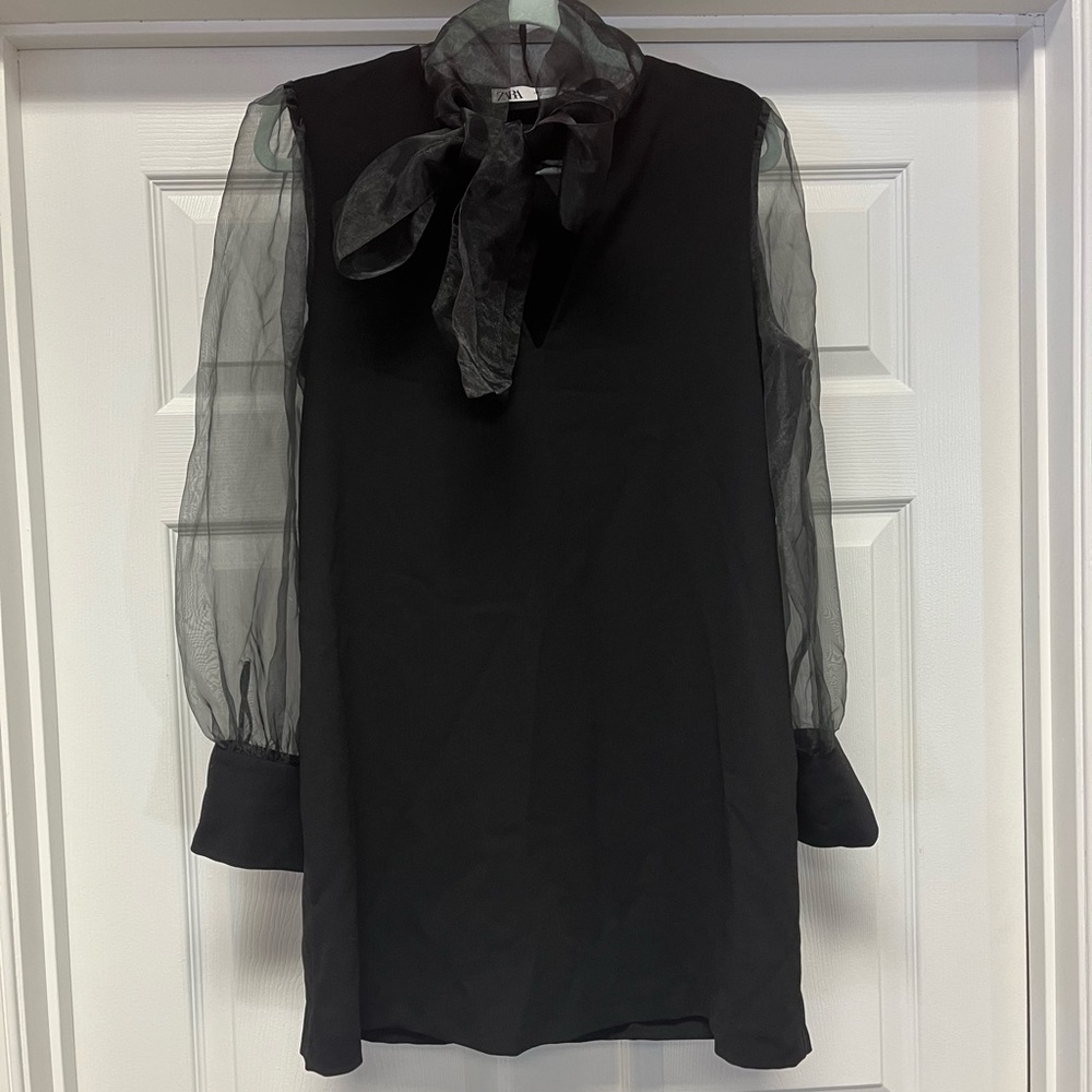 Zara Black Shear Sleeve Pussy Bow Sheath Dress sz L EUC